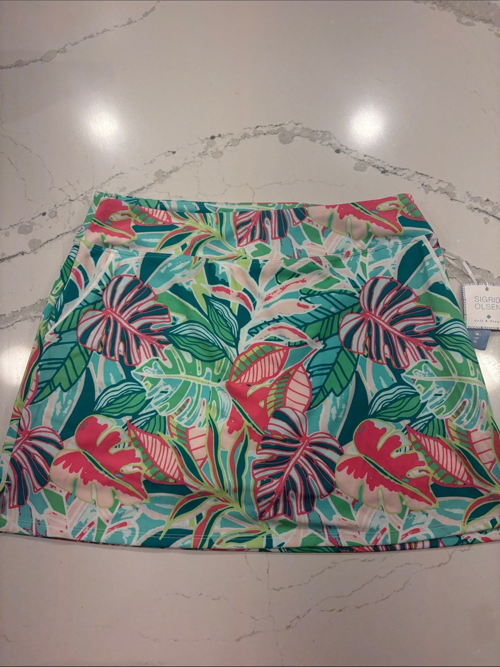 Sigrid Olsen Tropical Leaf Print Skort - Teal, Pink & Green waist 17-18.5 length